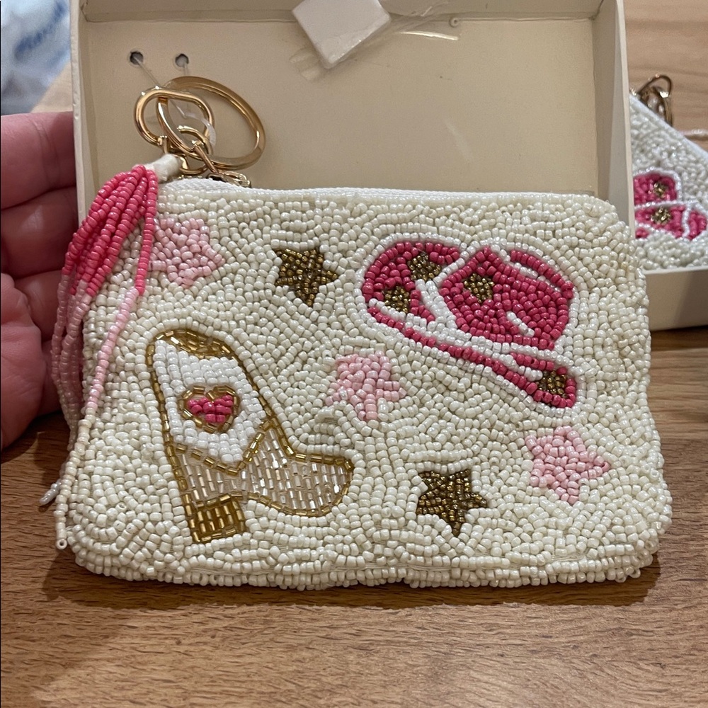 Sincerely Jules Beaded White Clutch with Pink & Gold Accents